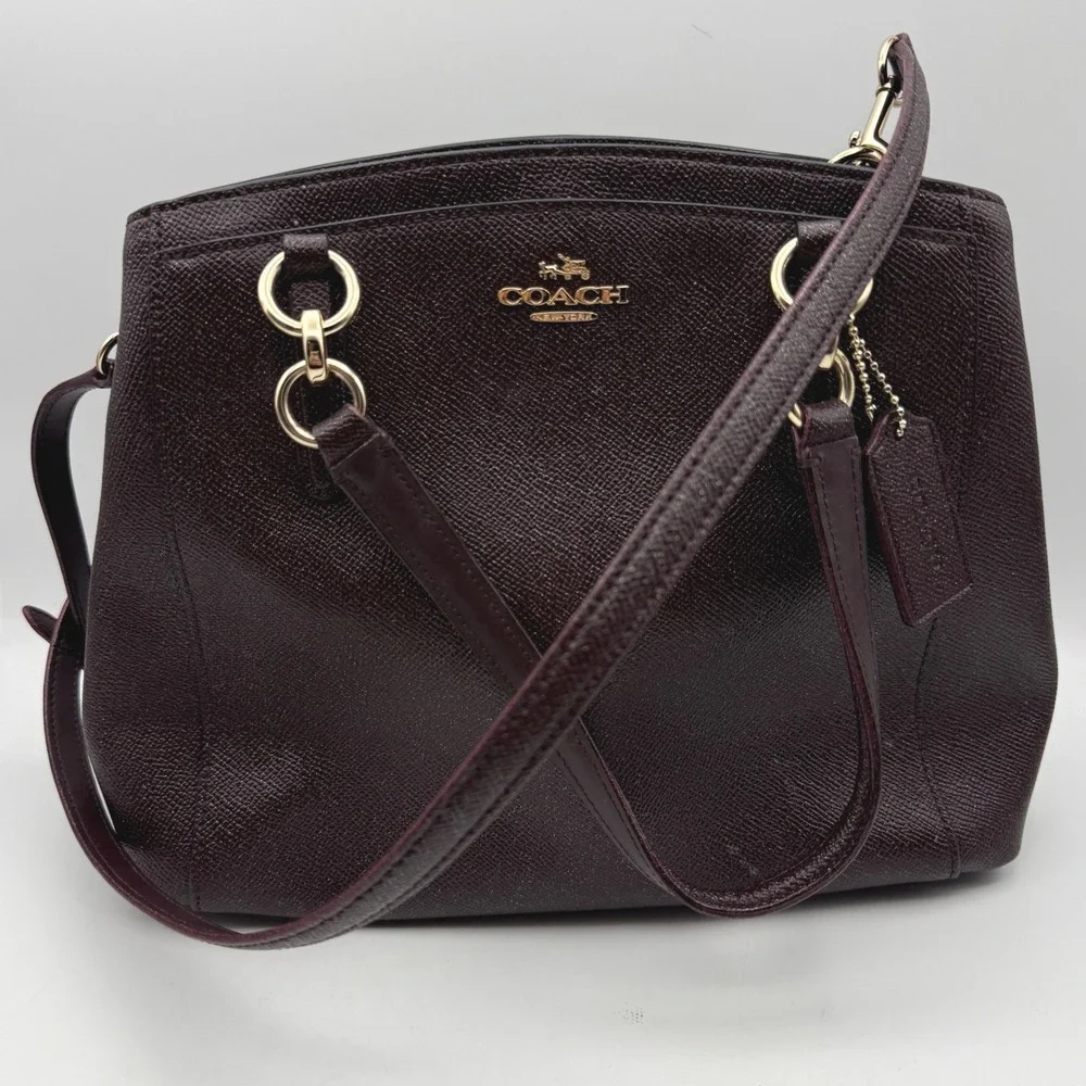 Coach Pebble Leather‎ Burgundy/Purple Glitter Satchel Crossbody Handbag Silver